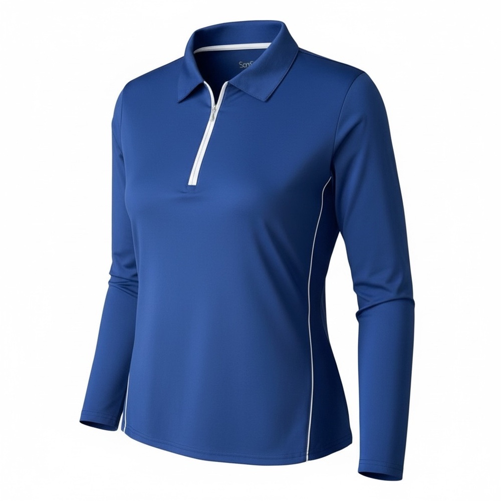 Blue Long Sleeve Zip Polo Shirt - Picture 2 of 7
